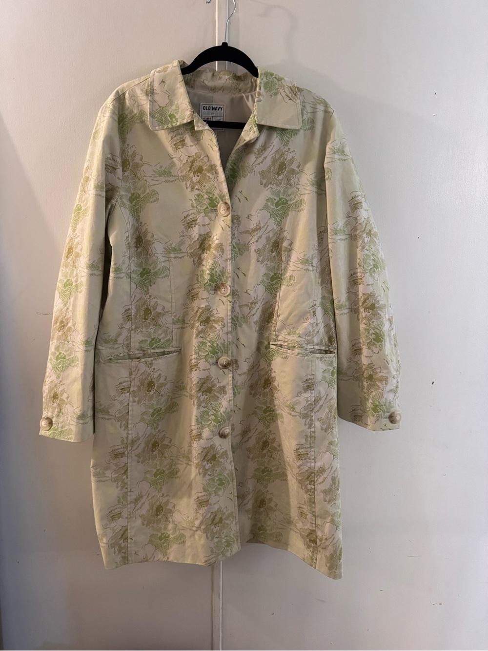 Old Navy Cream Trench Coat with Green and Tan Floral Print